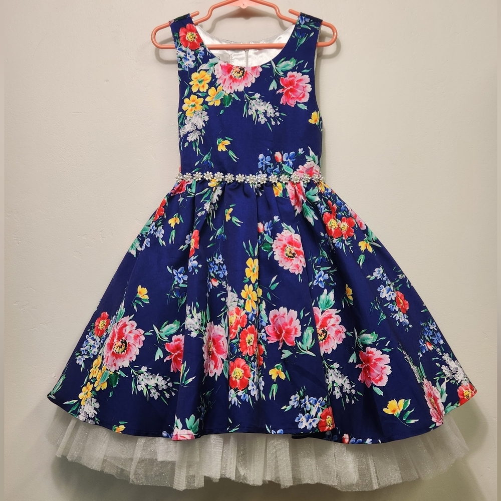 Couture Princess Blue Floral Dress with Tulle Skirt Size 7.  G19